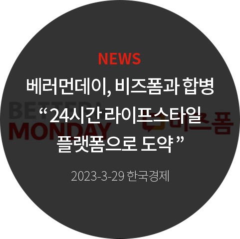 NEWS 베러먼데이, 비즈폼과 합병 “ 24시간 라이프스타일 플랫폼으로 도약 ” 2023-3-29 한국경제