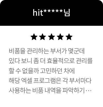 hit*****님 5점 비품을 관리하는 부서가 몇군데 있다 보니 좀 더 효율적으로 관리를 할 수 없을까 고민하던 차에 해당 엑셀 프로그램은 각 부서마다 사용하는 비품 내역을 파악하기에 매우 용이한 프로그램이라 생각됩니다 이번 기회에 관리하는 부서마다 해당 엑셀 프로그램을 전달하여 효율적으로 관리해보기로 하였습니다 직장인의 업무 생활에 여러모로 많은 도움이 되고 있어 항상  감사하게 생각하고 있습니다