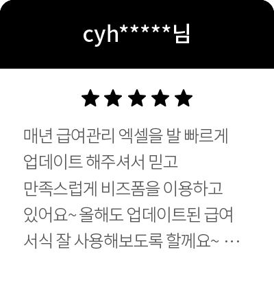 cyh*****님 5점 매년 급여관리 엑셀을 발 빠르게 업데이트 해주셔서 믿고 만족스럽게 비즈폼을 이용하고 있어요~ 올해도 업데이트된 급여 서식 잘 사용해보도록 할께요~ 2022년도부터 비즈폼 사이트를 가입하여 여러 엑셀 프로그램들을 사용해왔는데요~매번 쓸 데마다 느끼지만 정말 회비가 아깝지 않을 정도로 업무에 효율적으로 사용하고 있어요~ 올해도 잘 부탁드립니다~ 도움에 감사합니다~새해 복 많이 받으세요~