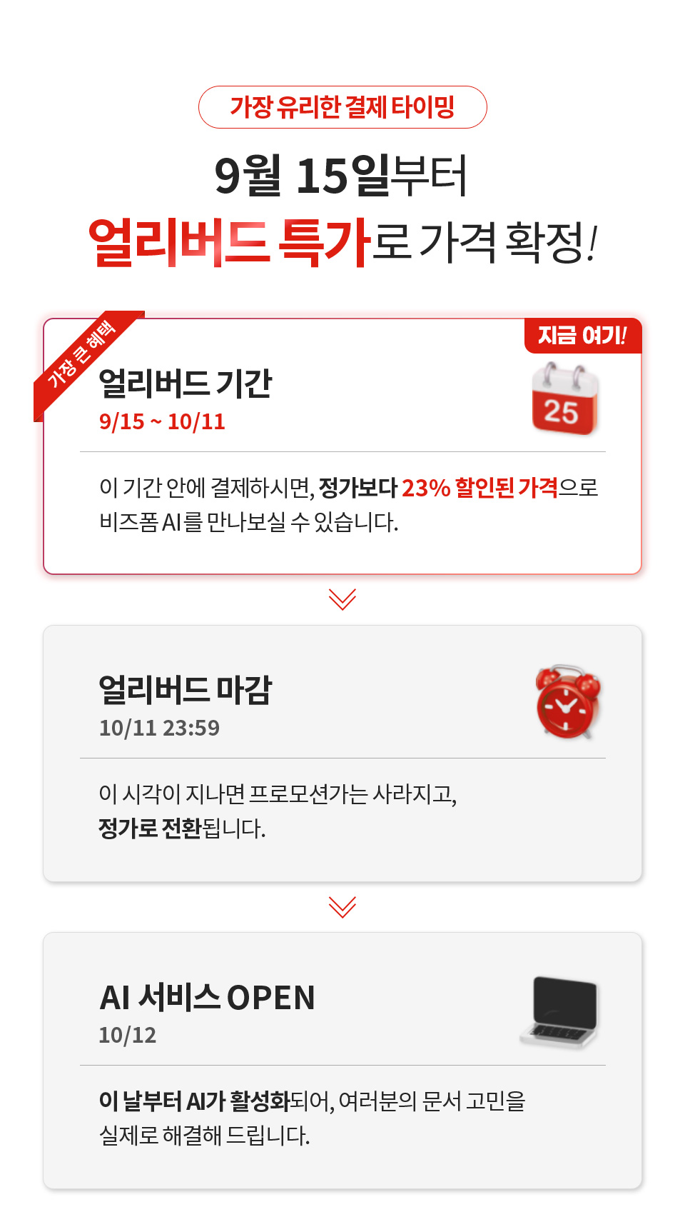 [가장 유리한 결제 타이밍] 9월 15일 부터 얼리버드 특가로 가격 확정! 지금 여기!가장 큰 혜택 얼리버드 기간 9/15 ~ 10/11 이 기간 안에 결제하시면, 정가보다 23% 할인된 가격으로 프리미엄 AI를 만나보실 수 있습니다. 얼리버드 마감 10/11 23:59 이 시각을 넘기면 프로모션가는 사라지고, 정가로 전환됩니다. AI 서비스 OPEN 10/12 이 날부터 AI가 활성화되어, 여러분의 문서 고민을 실제로 해결해 드립니다.