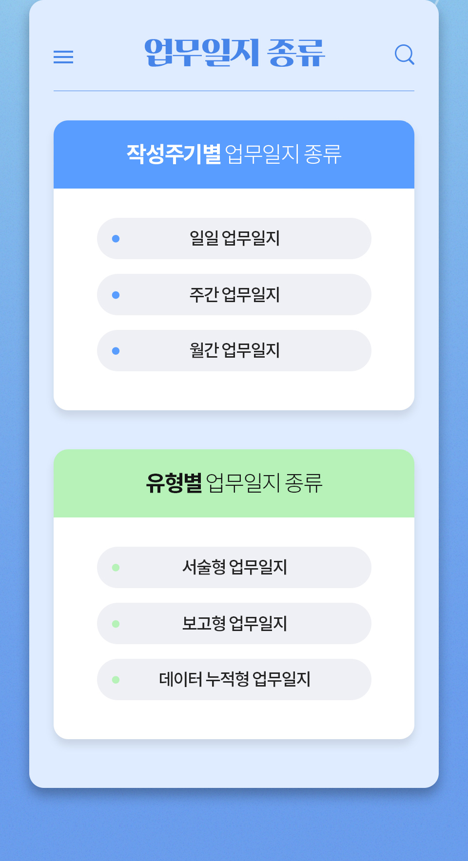 업무일지 종류- 작성주기별 업무일지 종류 : 1.일일업무일지 2.주간업무일지 3.월간업무일지 유형별 업무일지 종류 : 1.서술형 업무일지 2.보고형 업무일지 3.데이터 누적형 업무일지