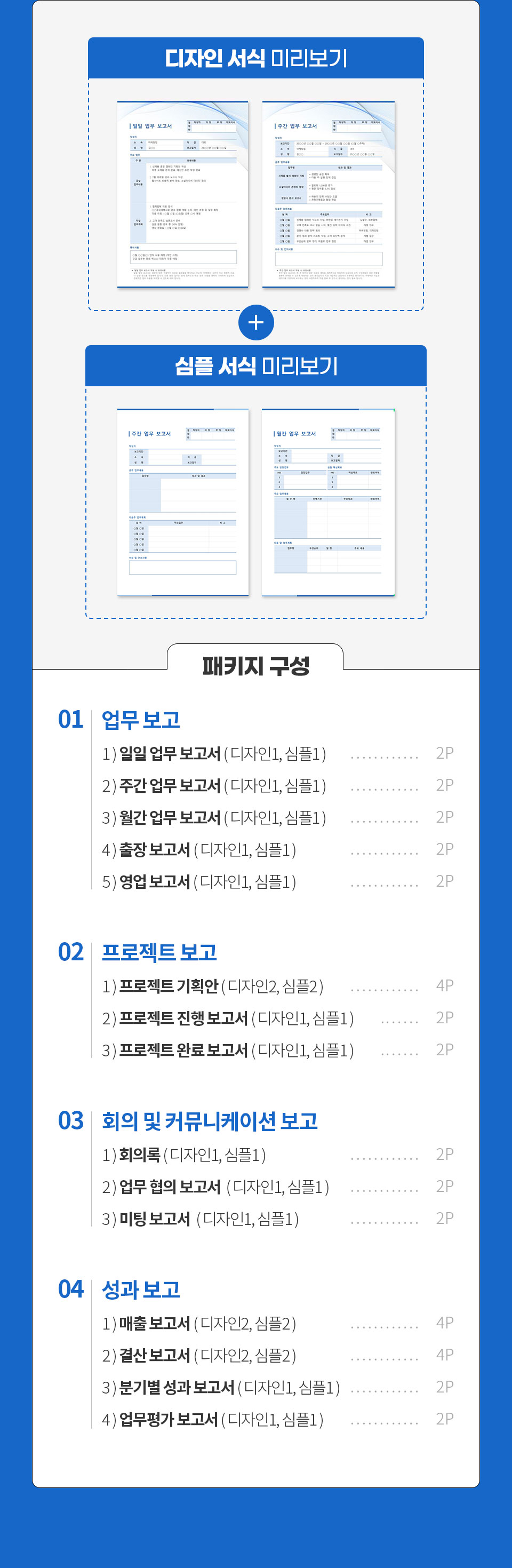 디자인 서식과 샘플 서식 미리보기 이미지, 패키지 구성 [1. 업무 보고 1) 일일 업무 보고서(디자인1,심플1) 2페이지, 2) 주간 업무 보고서(디자인1,심플1) 2페이지, 3) 월간 업무 보고서(디자인1,심플1) 2페이지, 4) 출장 보고서(디자인1,심플1) 2페이지, 5) 영업 보고서(디자인1,심플1) 2페이지, 2. 프로젝트 보고 1) 프로젝트 기획안(디자인2,심플2) 4페이지, 2) 프로젝트 진행 보고서(디자인1,심플1) 2페이지, 3) 프로젝트 완료 보고서(디자인1,심플1) 2페이지, 3. 회의 및 커뮤니케이션 보고 1) 회의록(디자인1,심플1) 2페이지, 2) 업무 협의 보고서(디자인1,심플1) 2페이지, 3) 미팅 보고서(디자인1,심플1) 2페이지, 4. 성과 보고 1) 매출 보고서(디자인1,심플1) 2페이지, 2) 결산 보고서(디자인1,심플1) 2페이지, 3) 분기별 성과 보고서(디자인1,심플1) 2페이지, 4) 업무평가 보고서(디자인1,심플1) 2페이지]