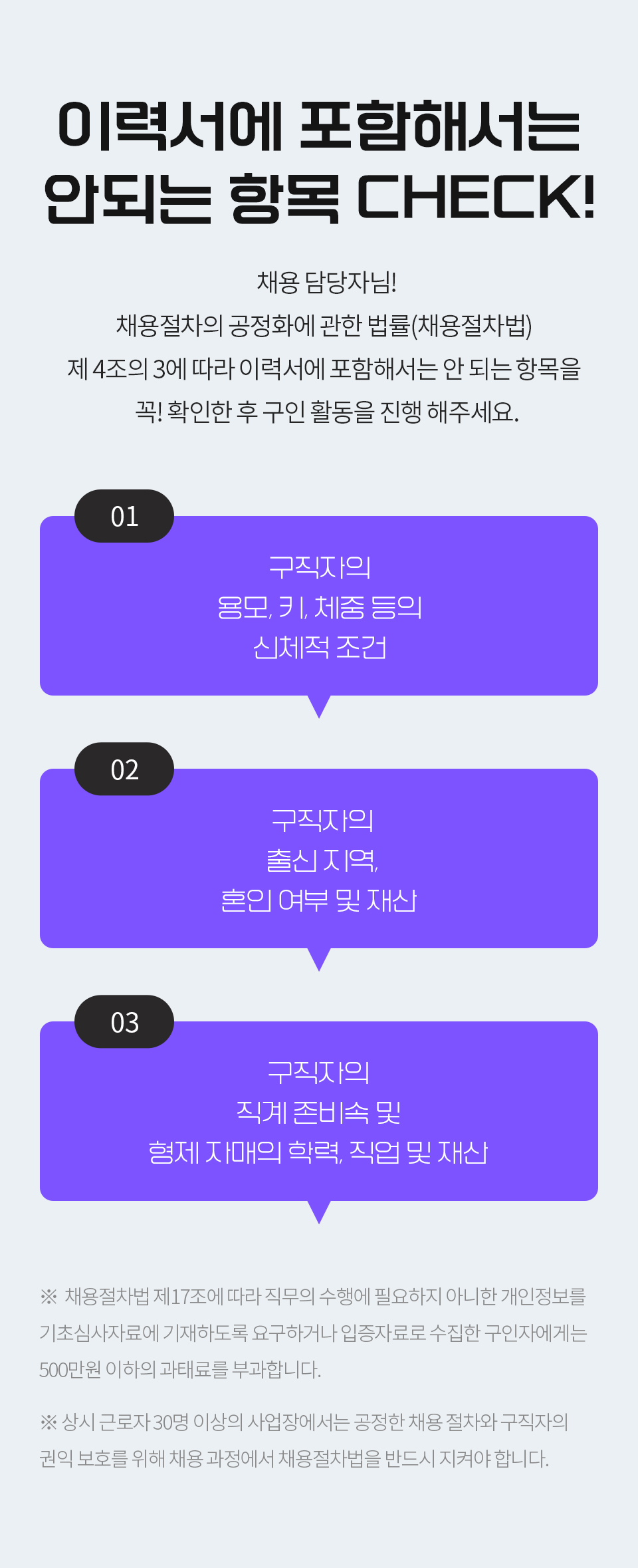 이력서에 포함해서는 안 되는 항목 check! 채용 담당자님! 채용절차의 공정화에 관한 법률(채용절차법) 제 4조의 3에 따라 이력서에 포함해서는 안 되는 항목을 꼭! 확인한 후 구인 활동을 진행 해주세요. 01) 구직자의 용모, 키, 체중 등의 신체적 조건 02) 구직자의 출신 지역, 혼인 여부 및 재산 03)구직자의 직계 존비속 및 형제 자매의 학력, 직업 및 재산 ※  채용절차법 제17조에 따라 직무의 수행에 필요하지 아니한 개인정보를 기초심사자료에 기재하도록 요구하거나 입증자료로 수집한 구인자에게는 500만원 이하의 과태료를 부과합니다. ※ 상시 근로자 30명 이상의 사업장에서는 공정한 채용 절차와 구직자의 권익 보호를 위해 채용 과정에서 채용절차법을 반드시 지켜야 합니다.