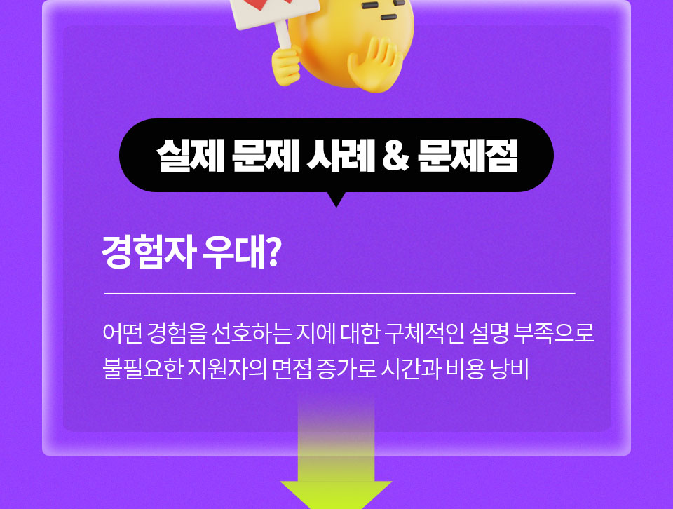실제 문제 사례 & 문제점 // 경험자 우대? 어떤 경험을 선호하는 지에 대한 구체적인 설명 부족으로 불필요한 지원자의 면접 증가로 시간과 비용 낭비