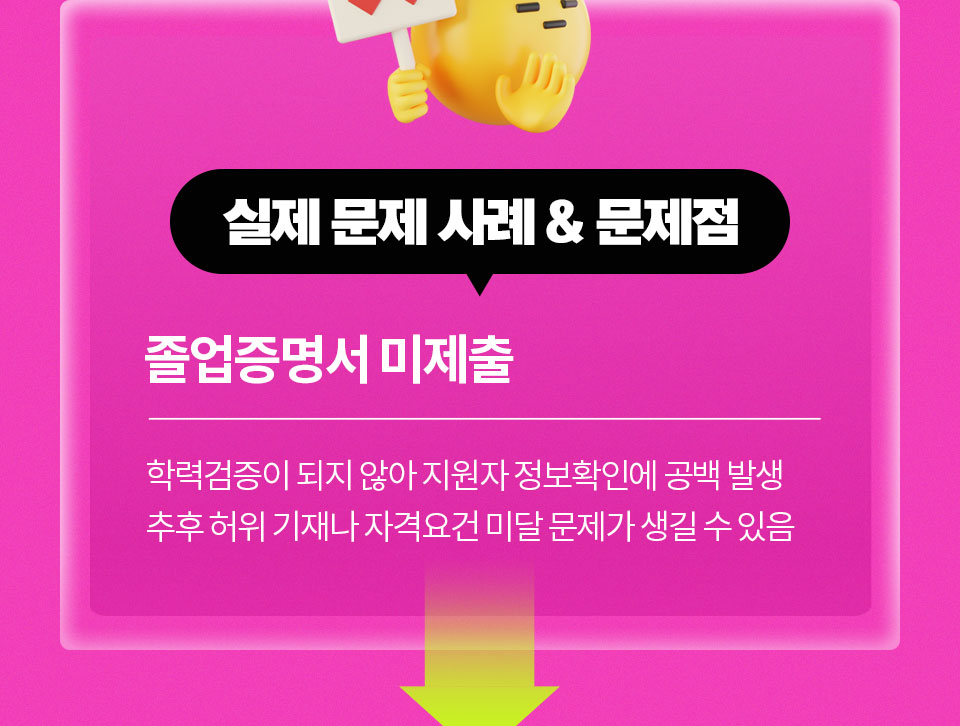 실제 문제 사례 & 문제점 // 졸업증명서 미제출 학력검증이 되지 않아 지원자 정보확인에 공백 발생 추후 허위 기재나 자격요건 미달 문제가 생길 수 있음
