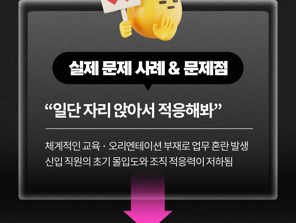 실제 문제 사례 & 문제점 // "일단 자리 앉아서 적응해봐" 체계적인 교육, 오리엔테이션 부재로 업무 혼란 발생 신입 직원의 초기 몰입도와 조직 적응력이 저하됨