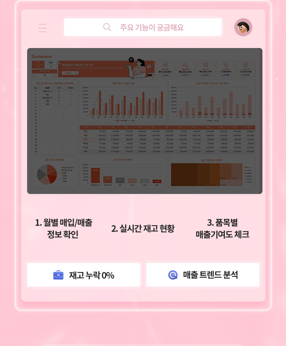 주요 기능이 궁금해요 // 재고 누락 0%, 매출 트렌드 분석