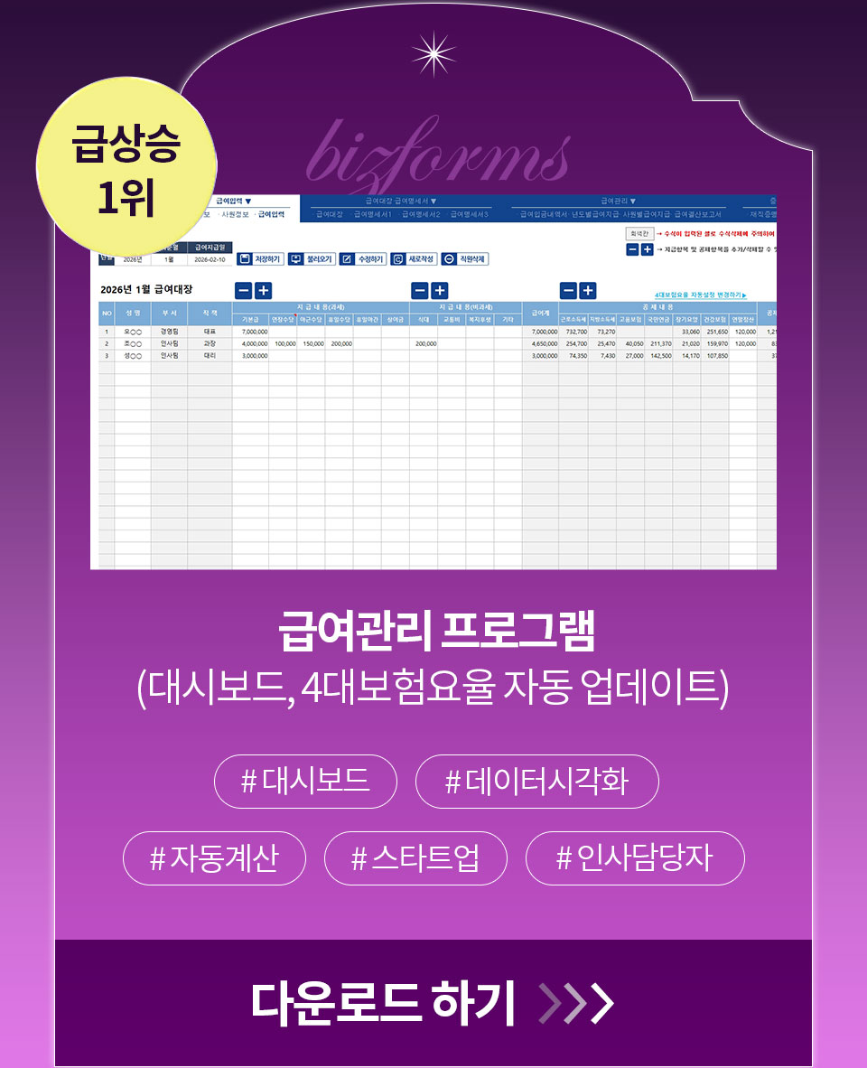 급상승 1위 // 급여관리 프로그램 (대시보드, 4대보험요율 자동업데이트) #대시보드, #데이터시각화, #자동계산, #스타트업, #인사담당자 // 다운로드 하기