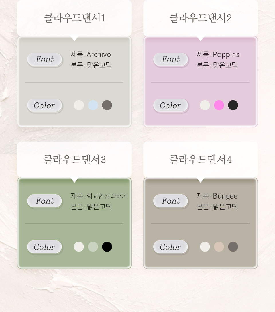 1. 클라우드댄서 1 Font 제목: Archivo 본문: 맑은고딕 Color #efeee9 #d4e4f1 #746f69, 2. 클라우드댄서2 Font 제목: Poppins 본문: 맑은고딕 Color #efeee9 #ff88ea #262626, 3. 클라우드댄서3 Font 제목: 학교안심 꽈배기 본문: 맑은고딕 Color #efeee9 #cad3c0 #000000, 4. 클라우드댄서4 Font 제목: Bungee 본문: 맑은고딕 Color #efeee9 #d7c7b7 #746f69