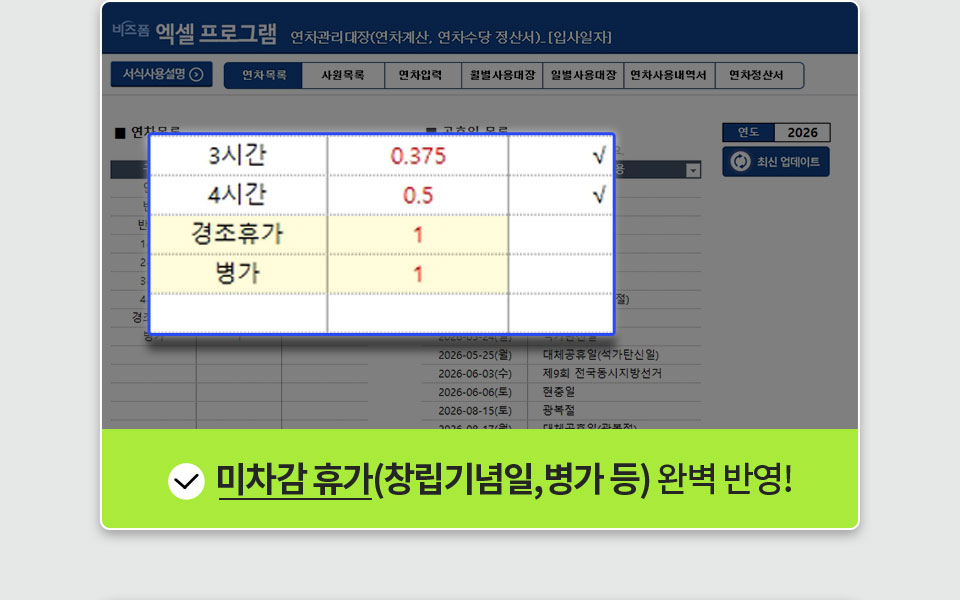 미차감 휴가(창립기념일, 병가 등) 완벽 반영