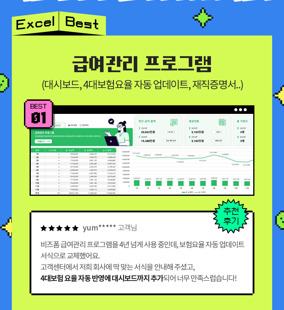 Excel Best // 급여관리 프로그램 (대시보드, 4대보험요율 자동 업데이트, 재직증명서..) // BEST 01 // 추천 후기 // ★★★★★ yum***** 고객님 비즈폼 급여관리 프로그램을 4년 넘게 사용 중인데, 보험요율 자동 업데이트 서식으로 교체했어요. 고객센터에서 저희 회사에 딱 맞는 서식을 안내해 주셨고, 4대보험 요율 자동 반영에 대시보드까지 추가되어 너무 만족스럽습니다!