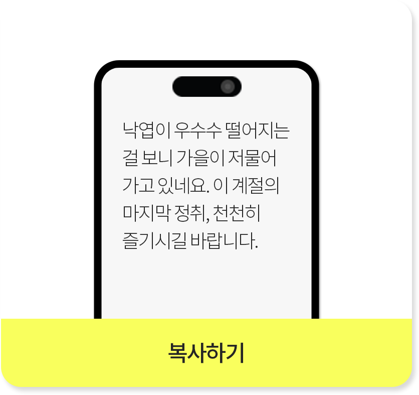 낙엽이 우수수 떨어지는 걸 보니 가을이 저물어가고 있네요. 이 계절의 마지막 정취, 천천히 즐기시길 바랍니다._복사하기